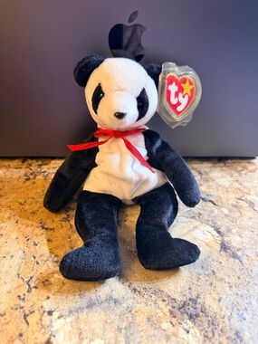 Ty Black & White Panda Plush with Red Ribbon Fortune 1997